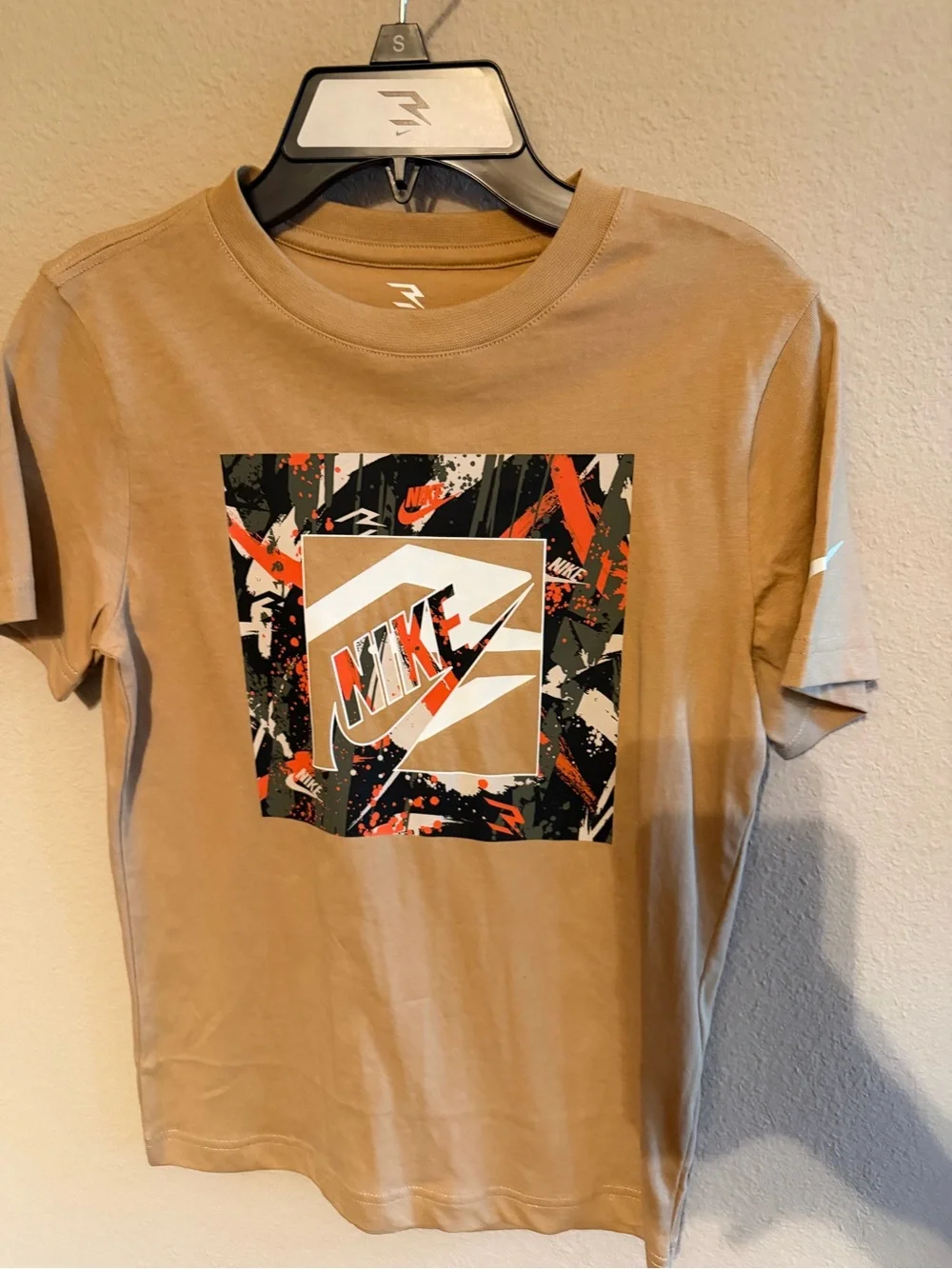 Nike Tan Graphic Short Sleeve Tee with Orange & Black Accents